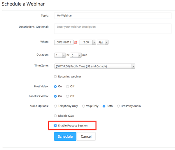 Screenshot of Zoom's page for scheduling a webinar.