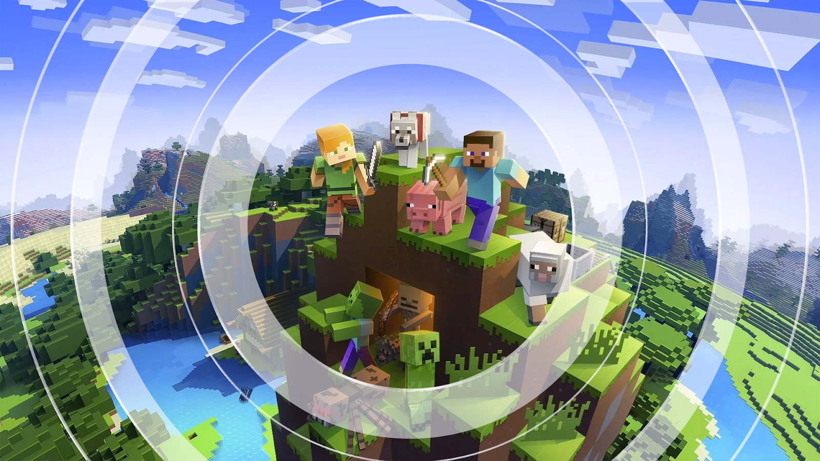 Minecraft avatars with rings expanding outwards, representing the sound waves.