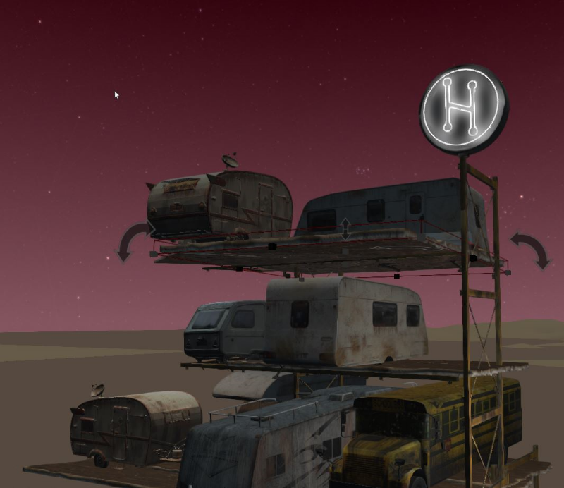 Trailers, campers, old school buses topped with emissive material in High Fidelity VR.