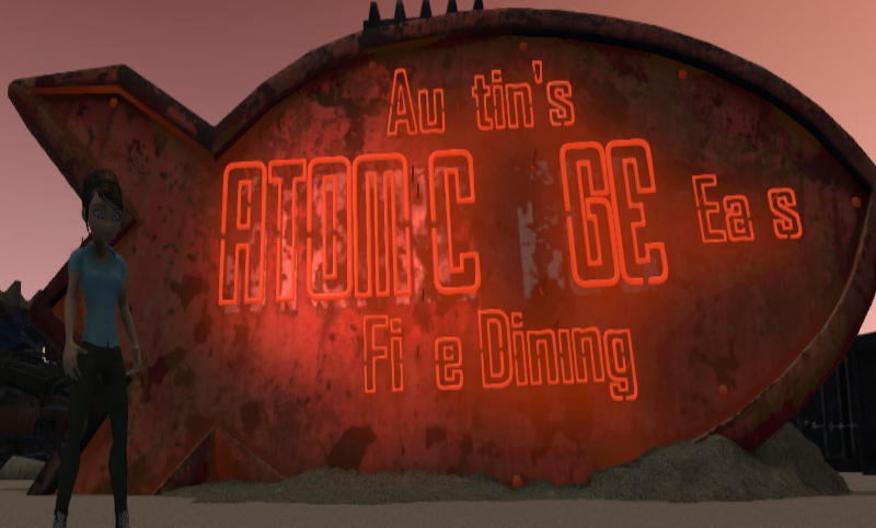 Atomic Eats sign combines PBR with an emissive map and a couple red lights to cast additional light on avatars and neighboring models in high fidelity VR.