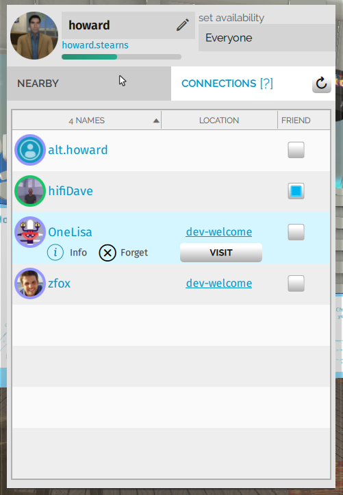 Users can also use the People App to manage their accessibility, making themselves more or less available. in High Fidelity VR