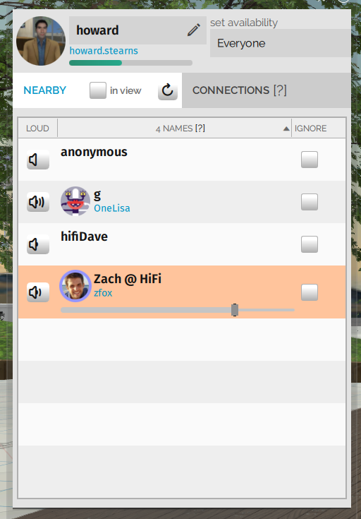 All users show a display name, so that everyone present can reliably refer to the same person in High Fidelity VR.