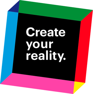 Voxel graphic with the words "Create your reality" placed inside.