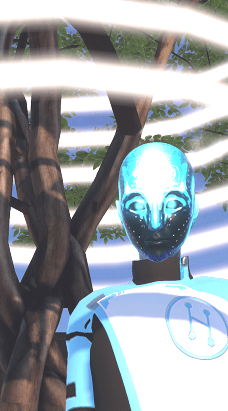 Glowing blue support avatar standing in Welcome, a virtual environment where users learn the basics of High Fidelity